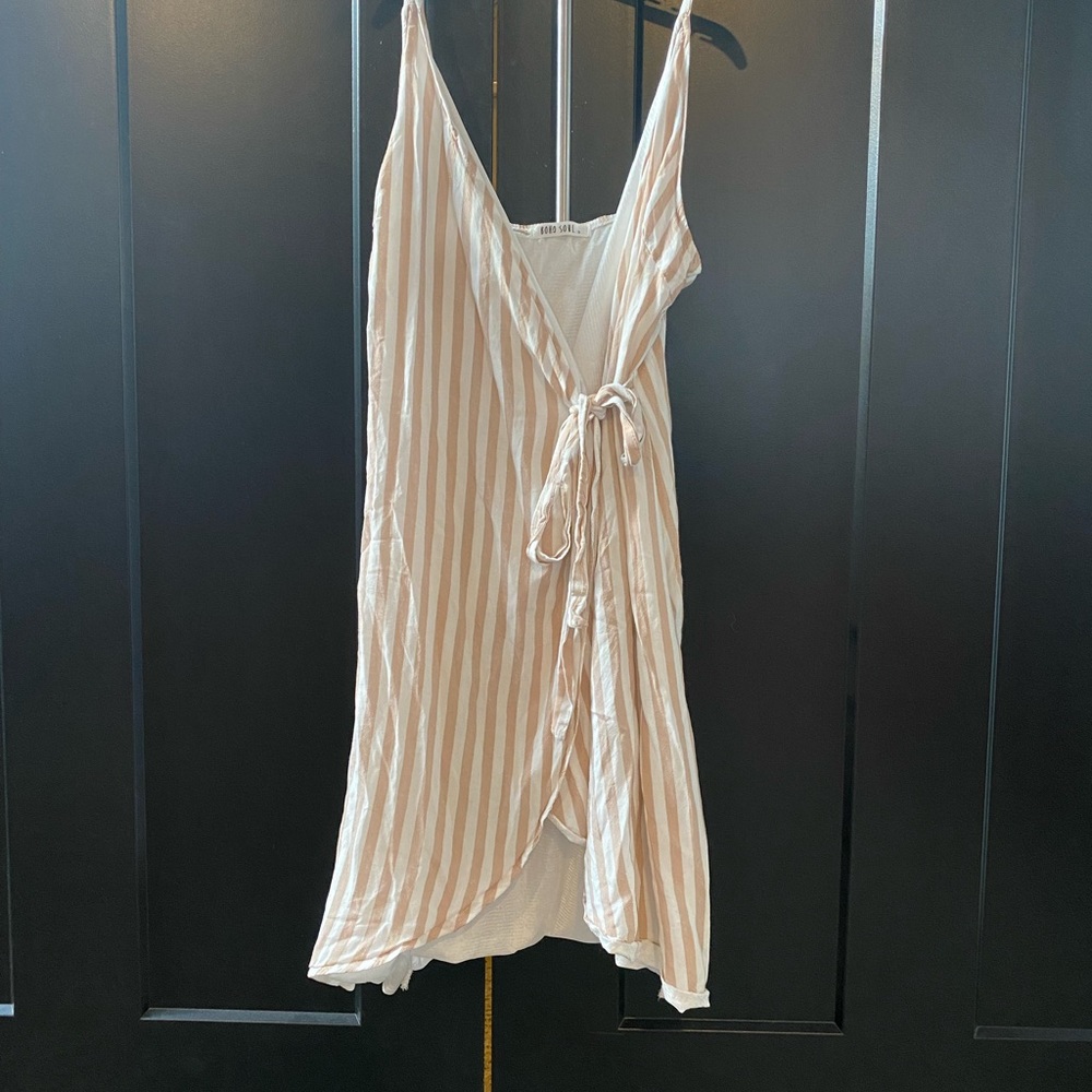 Tan and white stripe wrap dress